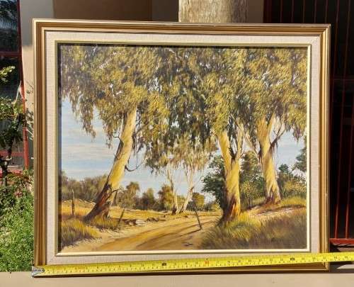 VINTAGE EUCALYPTUS TREES ORIGINAL OIL ON CANVAS PAINTING BY RELINE PRETORIUS LARGE 70CM W 60CM H