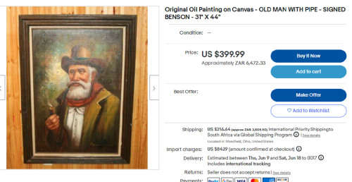OLD MAN WITH PIPE - ORIGINAL SIGNED `BENSON` OIL ON BOARD PAINTING SIZE (34CM W 44CM H)  FRAMED