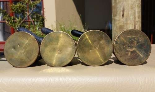 FOUR TURKISH OR GREEK OR ARABIC BRASS COFFEE POTS (CEZVES OR BRIKIS OR JADWHAS)