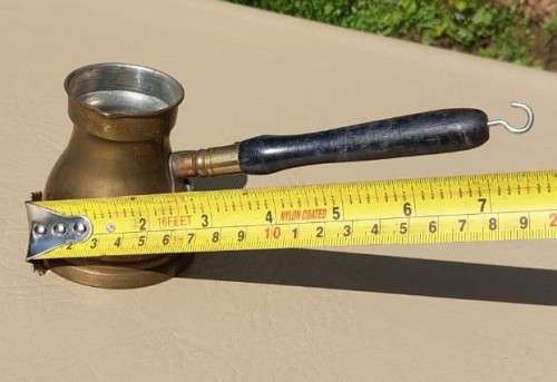 FOUR TURKISH OR GREEK OR ARABIC BRASS COFFEE POTS (CEZVES OR BRIKIS OR JADWHAS)