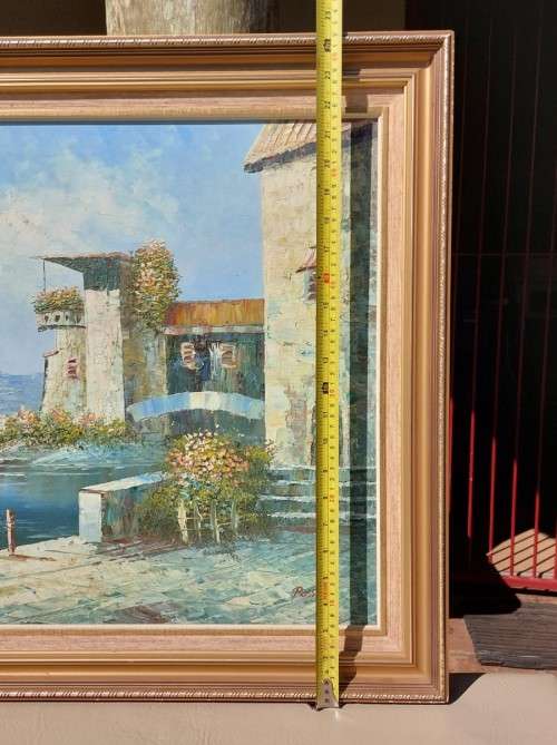 ORIGINAL ROSSINI ITALIAN COASTAL VILLA WITH SAILBOATS OIL ON BOARD LARGE 72CM W 62CM H