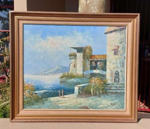 ORIGINAL ROSSINI ITALIAN COASTAL VILLA WITH SAILBOATS OIL ON BOARD LARGE 72CM W 62CM H