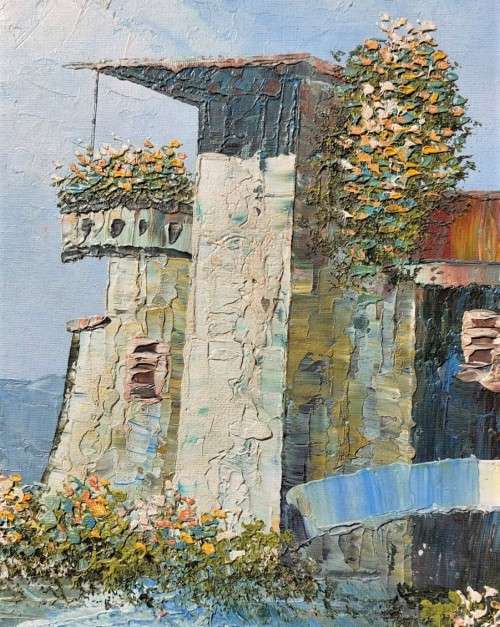 ORIGINAL ROSSINI ITALIAN COASTAL VILLA WITH SAILBOATS OIL ON BOARD LARGE 72CM W 62CM H