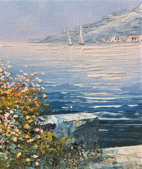 ORIGINAL ROSSINI ITALIAN COASTAL VILLA WITH SAILBOATS OIL ON BOARD LARGE 72CM W 62CM H