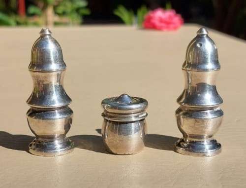 HEAVY LITTLE L.E.W. SILVERPLATED SALT AND PEPPER SHAKERS