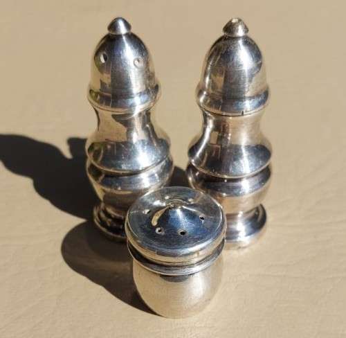 HEAVY LITTLE L.E.W. SILVERPLATED SALT AND PEPPER SHAKERS