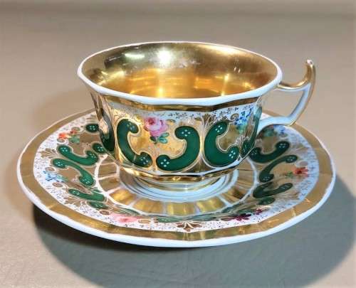 AMAZING 170 YEAR OLD GERMAN KPM CUP AND SAUCER WITH RARE EAGLE AND SCEPTER MARK IN SHADES OF GREEN