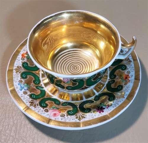 AMAZING 170 YEAR OLD GERMAN KPM CUP AND SAUCER WITH RARE EAGLE AND SCEPTER MARK IN SHADES OF GREEN