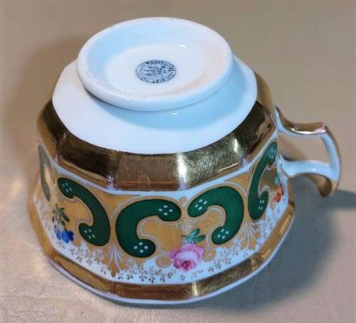 AMAZING 170 YEAR OLD GERMAN KPM CUP AND SAUCER WITH RARE EAGLE AND SCEPTER MARK IN SHADES OF GREEN