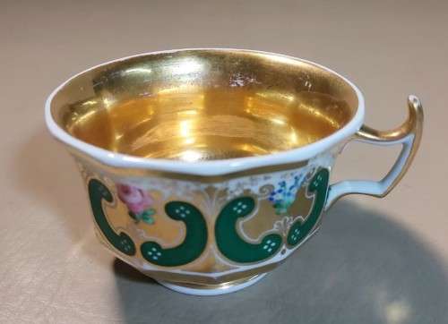 AMAZING 170 YEAR OLD GERMAN KPM CUP AND SAUCER WITH RARE EAGLE AND SCEPTER MARK IN SHADES OF GREEN