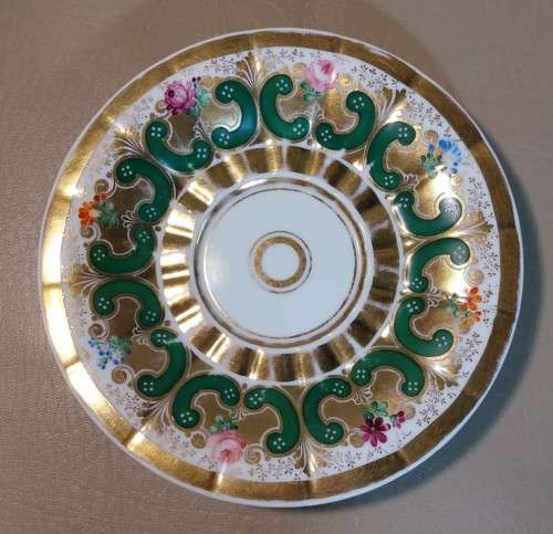 AMAZING 170 YEAR OLD GERMAN KPM CUP AND SAUCER WITH RARE EAGLE AND SCEPTER MARK IN SHADES OF GREEN