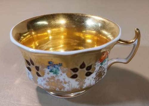 ANTIQUE (1847-1849) GERMAN KPM CUP AND SAUCER WITH RARE EAGLE AND SCEPTER MARK IN SHADES OF PURPLE