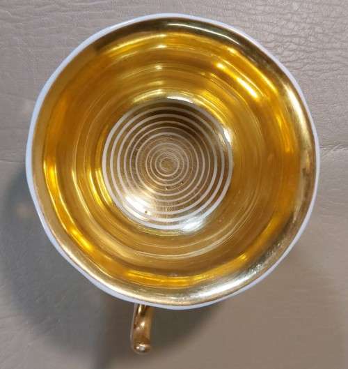 ANTIQUE (1847-1849) GERMAN KPM CUP AND SAUCER WITH RARE EAGLE AND SCEPTER MARK IN SHADES OF PURPLE