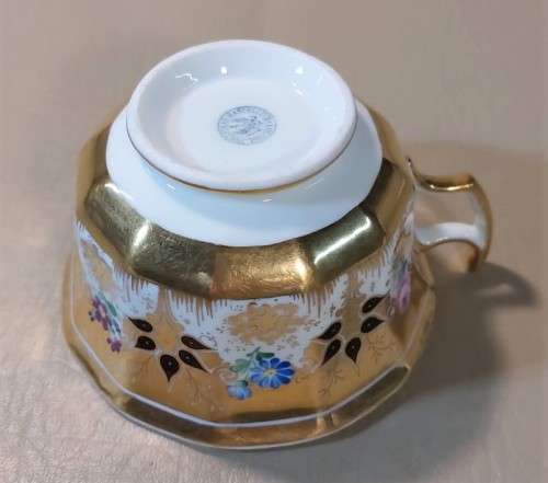 ANTIQUE (1847-1849) GERMAN KPM CUP AND SAUCER WITH RARE EAGLE AND SCEPTER MARK IN SHADES OF PURPLE