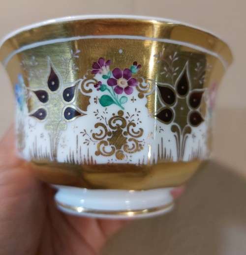 ANTIQUE (1847-1849) GERMAN KPM CUP AND SAUCER WITH RARE EAGLE AND SCEPTER MARK IN SHADES OF PURPLE