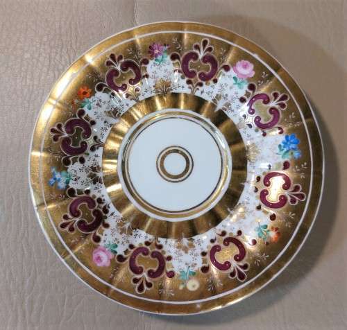 ANTIQUE (1847-1849) GERMAN KPM CUP AND SAUCER WITH RARE EAGLE AND SCEPTER MARK IN SHADES OF PURPLE