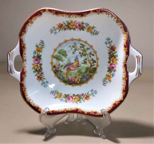ROYAL ALBERT VINTAGE 1940S SQUARE SHAPED CHELSEA BIRD PATTERN SWEET DISH WITH PIERCED HANDLES