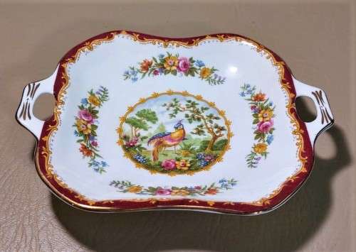 ROYAL ALBERT VINTAGE 1940S SQUARE SHAPED CHELSEA BIRD PATTERN SWEET DISH WITH PIERCED HANDLES