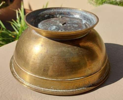 SOLID BRASS BOWL ON PEDASTAL WITH FOLDED GROOVED RIM