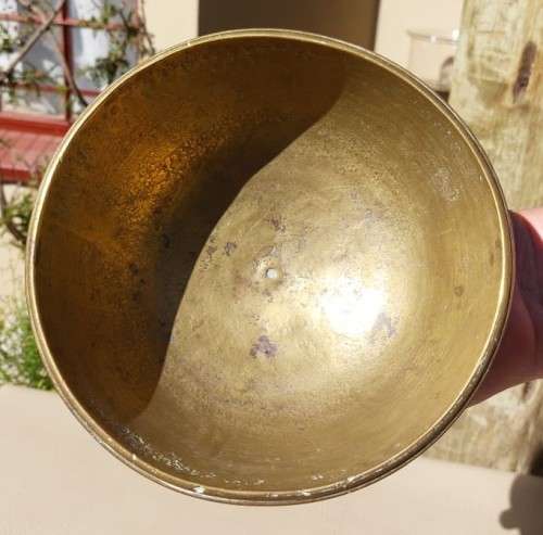 SOLID BRASS BOWL ON PEDASTAL WITH FOLDED GROOVED RIM