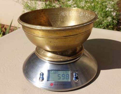 SOLID BRASS BOWL ON PEDASTAL WITH FOLDED GROOVED RIM