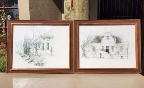 TWO OLD STELLENBOSCH SKETCH PRINTS  MARKET STREET AND LANSERAC