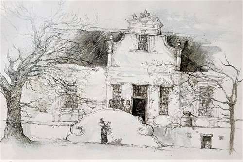 TWO OLD STELLENBOSCH SKETCH PRINTS  MARKET STREET AND LANSERAC