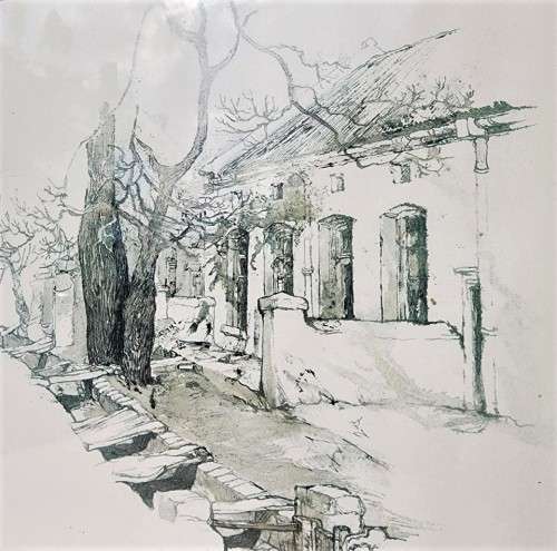 TWO OLD STELLENBOSCH SKETCH PRINTS  MARKET STREET AND LANSERAC