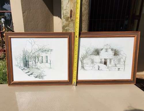 TWO OLD STELLENBOSCH SKETCH PRINTS  MARKET STREET AND LANSERAC