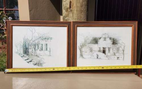 TWO OLD STELLENBOSCH SKETCH PRINTS  MARKET STREET AND LANSERAC
