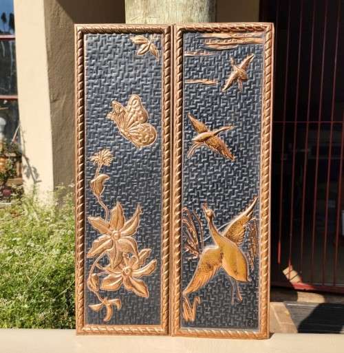 PAIR OF VINTAGE COPPER WALL PLAQUES MADE IN HOLLAND  BUTTERFLY  WITH FLOWERS AND DUCKS FLYING SCENE