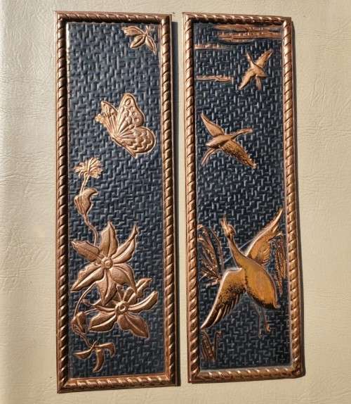 PAIR OF VINTAGE COPPER WALL PLAQUES MADE IN HOLLAND  BUTTERFLY  WITH FLOWERS AND DUCKS FLYING SCENE