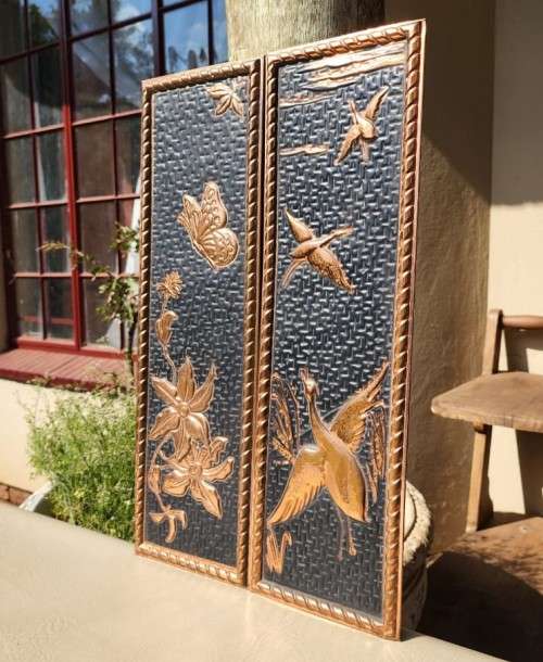 PAIR OF VINTAGE COPPER WALL PLAQUES MADE IN HOLLAND  BUTTERFLY  WITH FLOWERS AND DUCKS FLYING SCENE