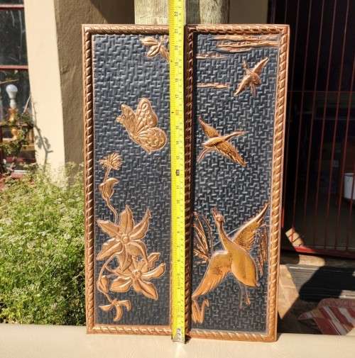 PAIR OF VINTAGE COPPER WALL PLAQUES MADE IN HOLLAND  BUTTERFLY  WITH FLOWERS AND DUCKS FLYING SCENE