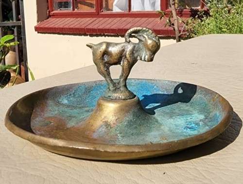 BRONZE ASHTRAY WITH GOAT BY HF (HOLGER FRIDERICAS) ILDFAST (DENMARK) 1930S WITH BLUE PATINA VISIBLE