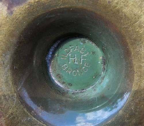 BRONZE ASHTRAY WITH GOAT BY HF (HOLGER FRIDERICAS) ILDFAST (DENMARK) 1930S WITH BLUE PATINA VISIBLE