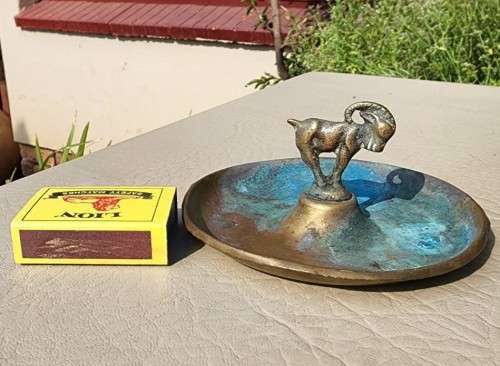 BRONZE ASHTRAY WITH GOAT BY HF (HOLGER FRIDERICAS) ILDFAST (DENMARK) 1930S WITH BLUE PATINA VISIBLE