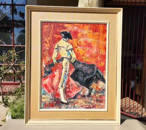A COLOURFUL ORIGINAL OIL ON BOARD SPANISH BULLFIGHT BY M MADGE (840mm H x 680mm W)