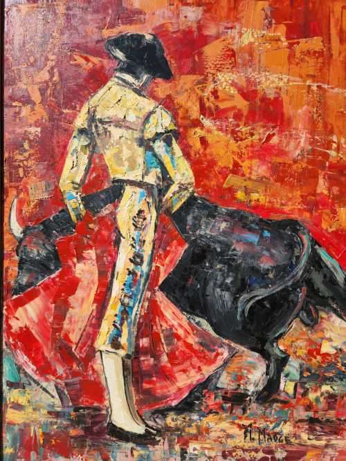 A COLOURFUL ORIGINAL OIL ON BOARD SPANISH BULLFIGHT BY M MADGE (840mm H x 680mm W)