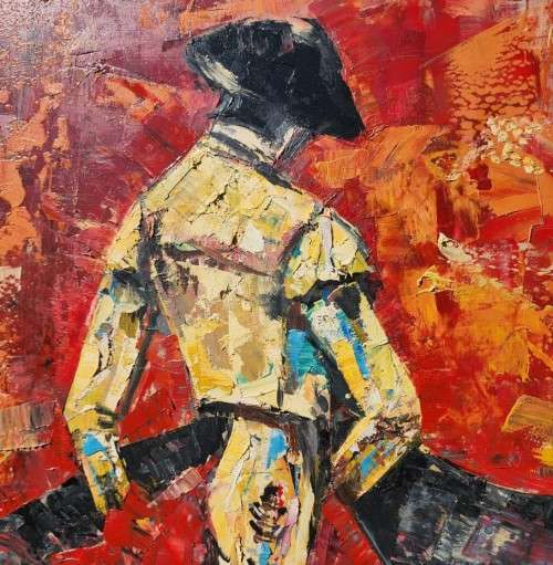 A COLOURFUL ORIGINAL OIL ON BOARD SPANISH BULLFIGHT BY M MADGE (840mm H x 680mm W)