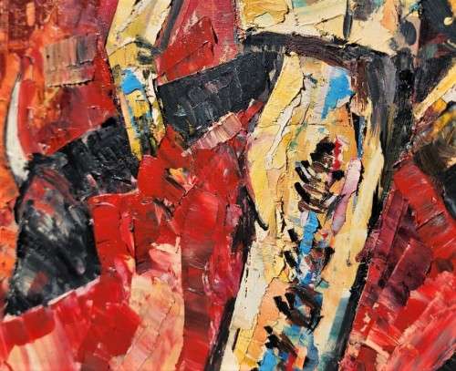 A COLOURFUL ORIGINAL OIL ON BOARD SPANISH BULLFIGHT BY M MADGE (840mm H x 680mm W)