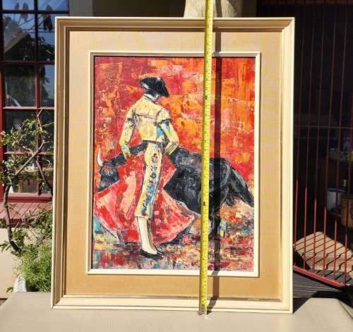 A COLOURFUL ORIGINAL OIL ON BOARD SPANISH BULLFIGHT BY M MADGE (840mm H x 680mm W)