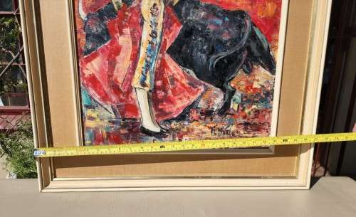 A COLOURFUL ORIGINAL OIL ON BOARD SPANISH BULLFIGHT BY M MADGE (840mm H x 680mm W)