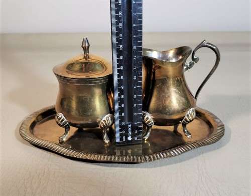 BEAUTIFUL INDIAN MADE BRASS SUGAR POT AND CREAMER ON TRAY