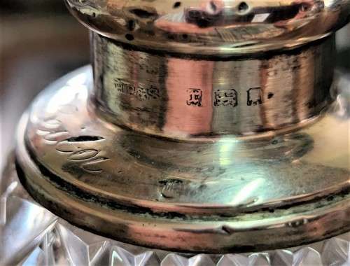 NINETY YEAR OLD 1932 HENRY PERKINS and SONS CUT GLASS SCENT BOTTLE WITH STERLING SILVER COLLAR