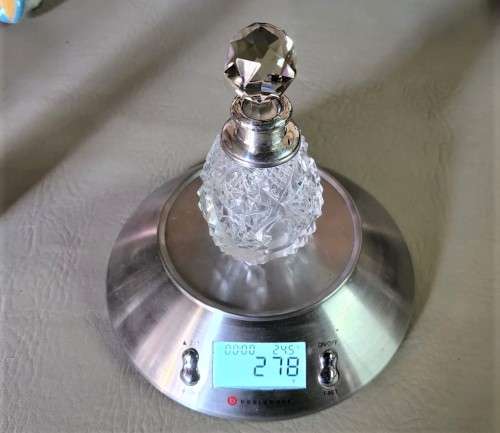 NINETY YEAR OLD 1932 HENRY PERKINS and SONS CUT GLASS SCENT BOTTLE WITH STERLING SILVER COLLAR