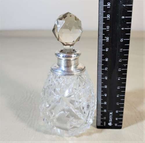 NINETY YEAR OLD 1932 HENRY PERKINS and SONS CUT GLASS SCENT BOTTLE WITH STERLING SILVER COLLAR