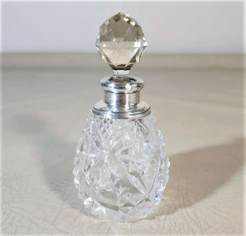 NINETY YEAR OLD 1932 HENRY PERKINS and SONS CUT GLASS SCENT BOTTLE WITH STERLING SILVER COLLAR