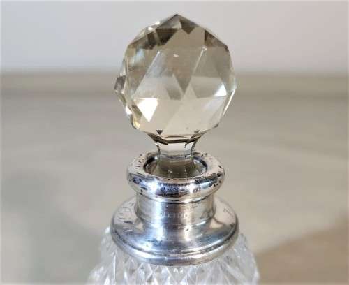 NINETY YEAR OLD 1932 HENRY PERKINS and SONS CUT GLASS SCENT BOTTLE WITH STERLING SILVER COLLAR