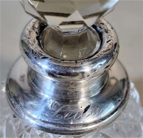 NINETY YEAR OLD 1932 HENRY PERKINS and SONS CUT GLASS SCENT BOTTLE WITH STERLING SILVER COLLAR